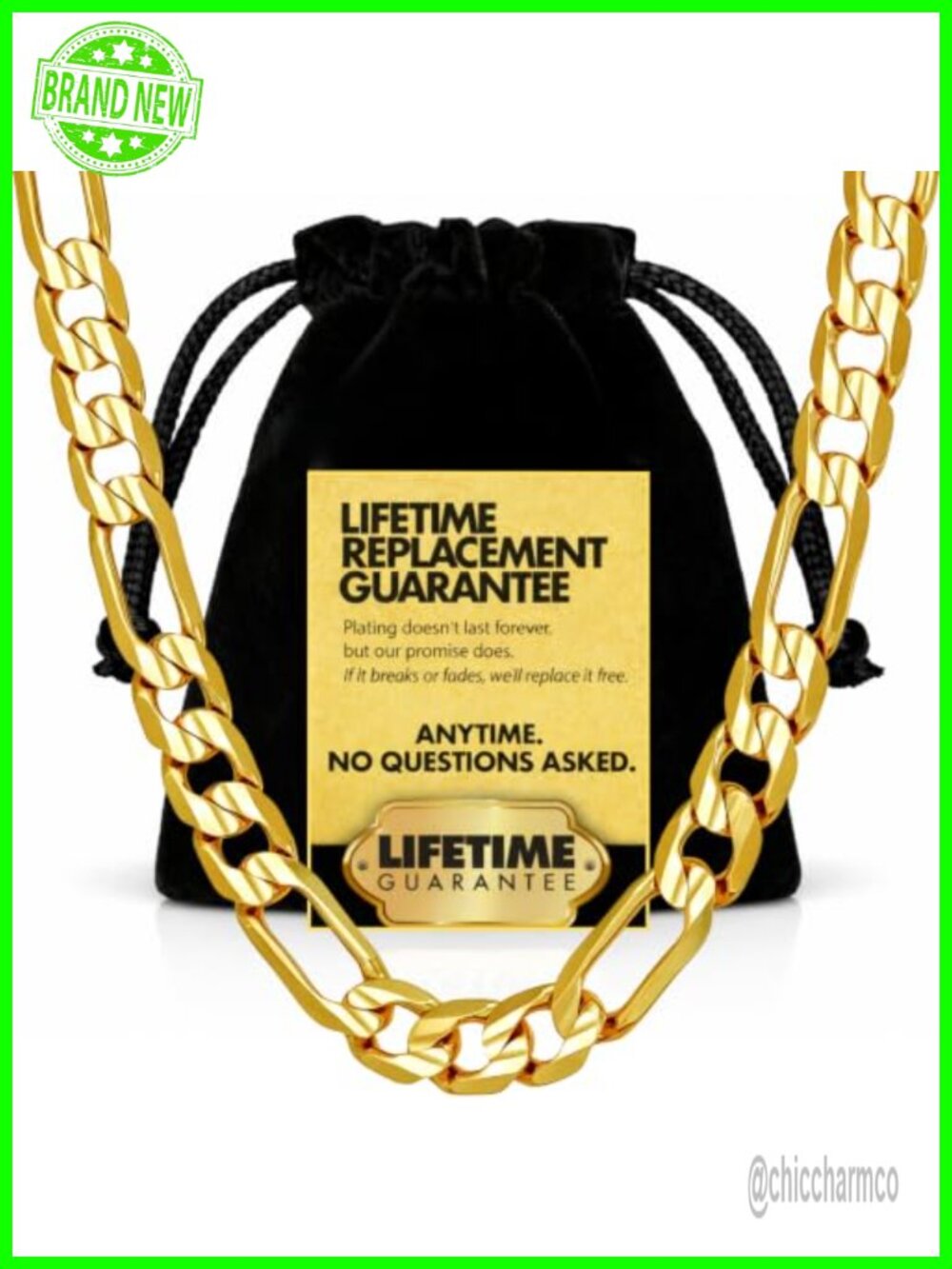 24k Gold Plated Figaro Chain Necklace Diamond Cut Heavyduty Clasp
